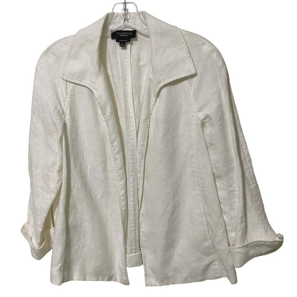 Vtg 90s Y2K Talbots White Irish Linen Open Front Jacket Collared Blazer Womens L